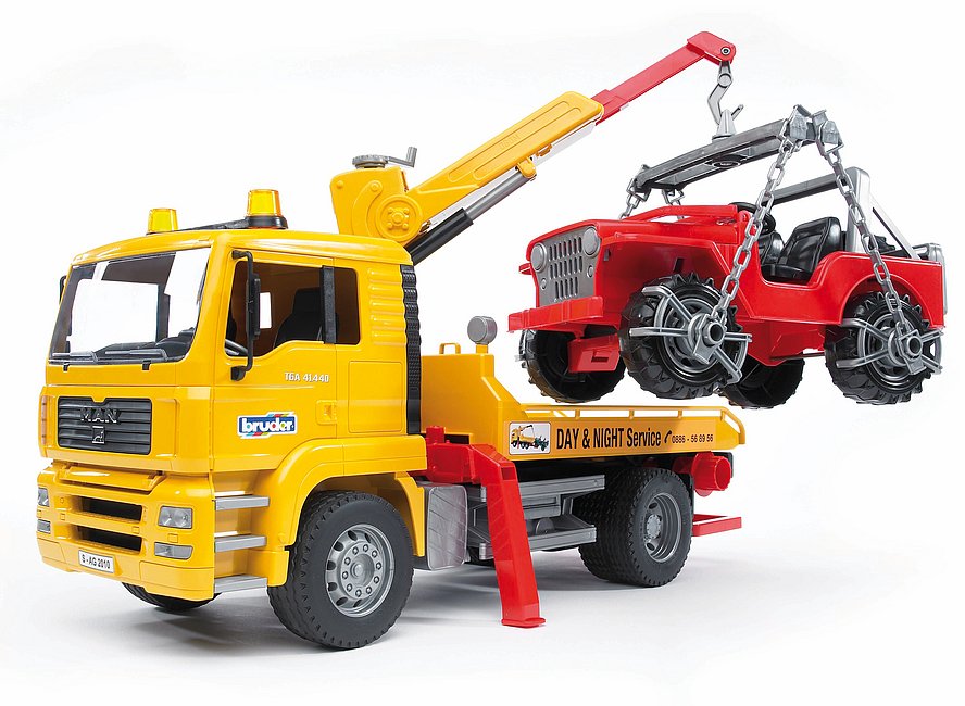 BRUDER - MAN TGA YELLOW TOW TRUCK WITH CRANE AND RED JEEP #02750
