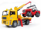 BRUDER - MAN TGA YELLOW TOW TRUCK WITH CRANE AND RED JEEP #02750