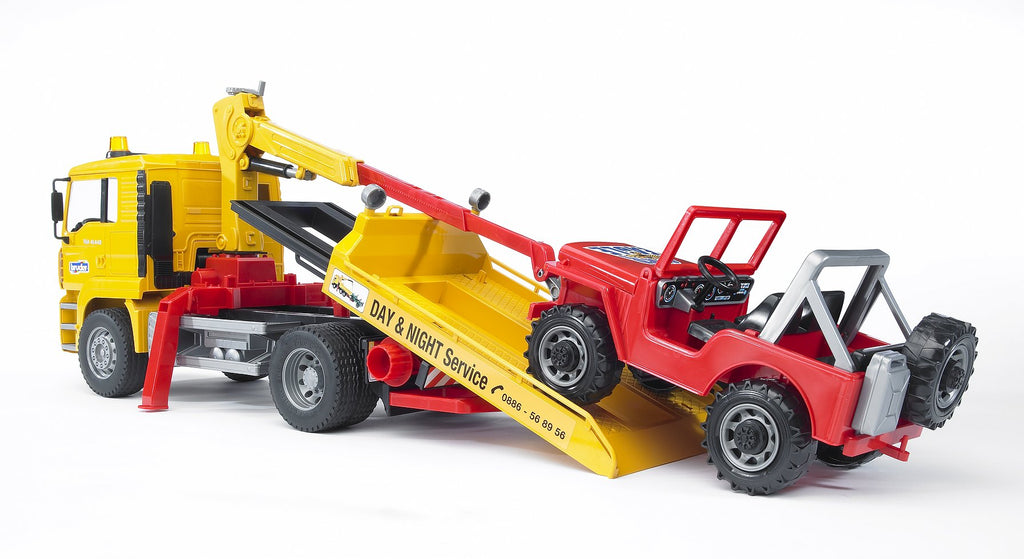 BRUDER - MAN TGA YELLOW TOW TRUCK WITH CRANE AND RED JEEP #02750