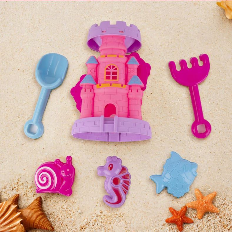 SUNNY DAYS - SAC EN FILET AVEC CHÂTEAU ET 5 ACCESSOIRES DE PLAGE