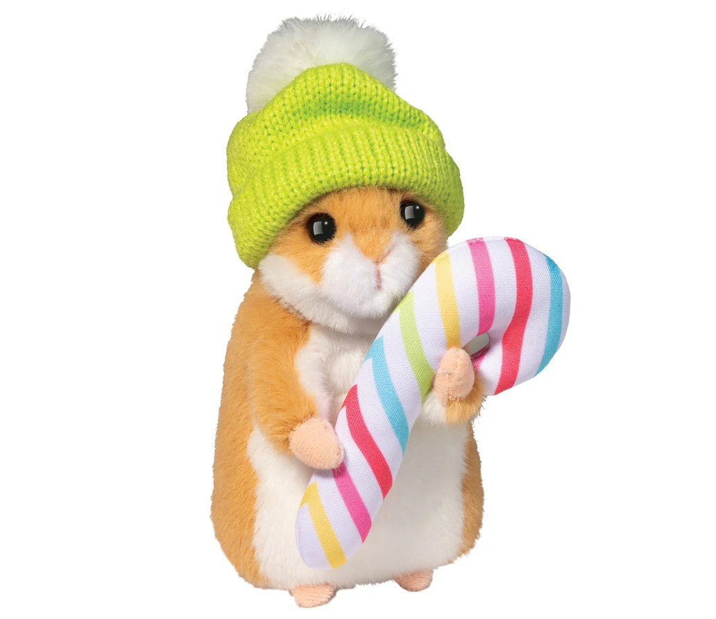 PELUCHE - HAMSTER AVEC CHAPEAU D'HIVER ET CANNE EN BONBON