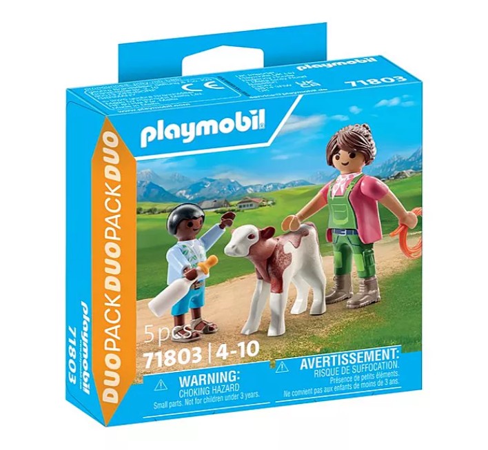 PLAYMOBIL DUO PACK - FERMIÈRE AVEC ENFANT DONNANT LE BIBERON À UN VEAU #71803