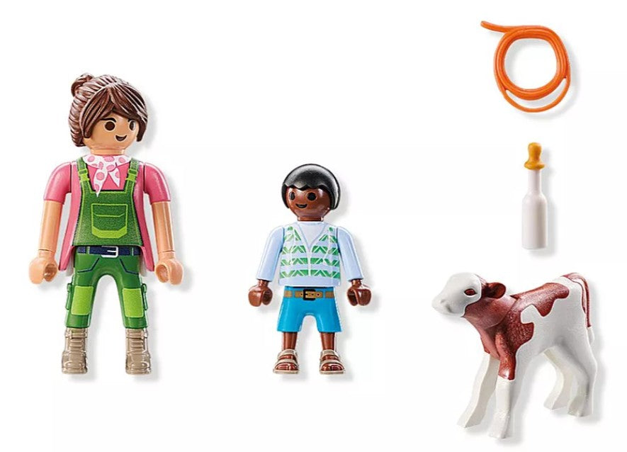PLAYMOBIL DUO PACK - FERMIÈRE AVEC ENFANT DONNANT LE BIBERON À UN VEAU #71803
