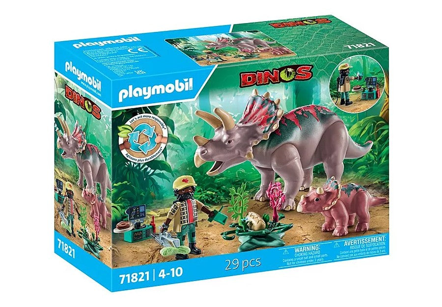 PLAYMOBIL DINOS - TRICÉRATOP AVEC BÉBÉ, OEUF ET EXPLORATEUR #71821
