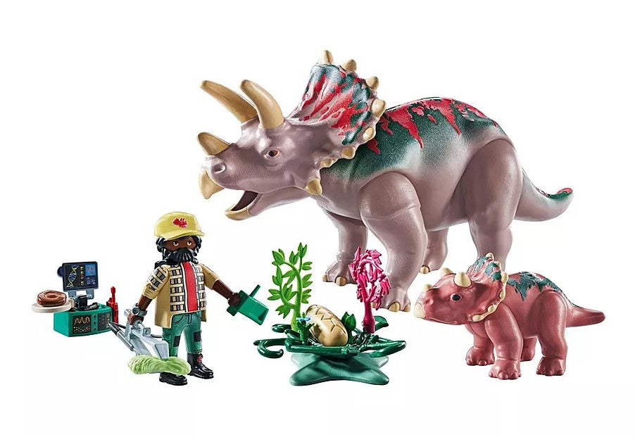 PLAYMOBIL DINOS - TRICÉRATOP AVEC BÉBÉ, OEUF ET EXPLORATEUR #71821