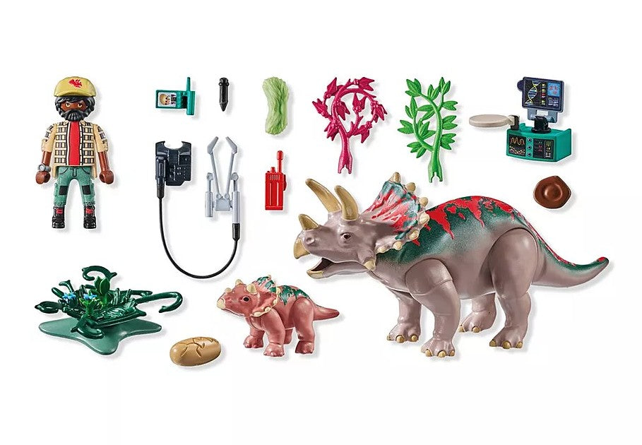 PLAYMOBIL DINOS - TRICÉRATOP AVEC BÉBÉ, OEUF ET EXPLORATEUR #71821