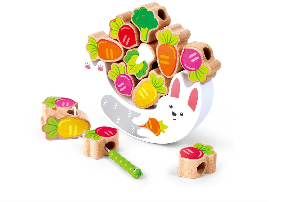 JEU D'ÉQUILIBRE ET D'ENFILAGE DE LAPINS EN BOIS