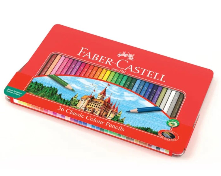 FABER-CASTELL - ENSEMBLE DE 36 CRAYONS DE BOIS DANS UNE BOÎTE MÉTALLIQUE