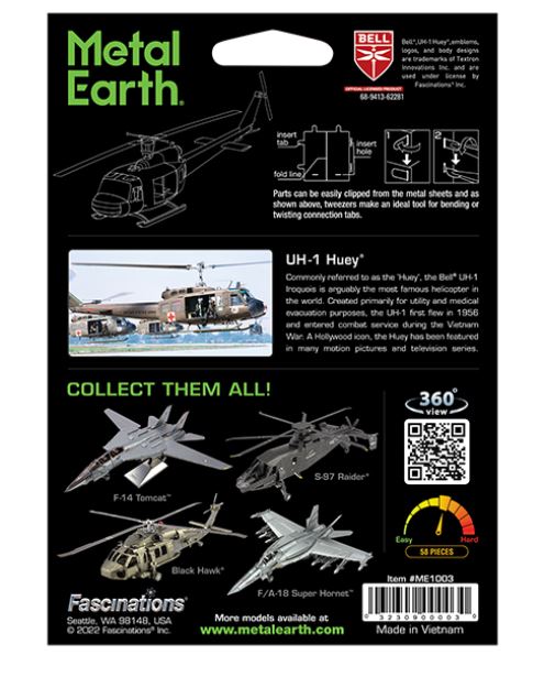 METAL EARTH - HÉLICOPTÈRE UH-1 HUEY 2 FEUILLES 2,25 FEUILLES