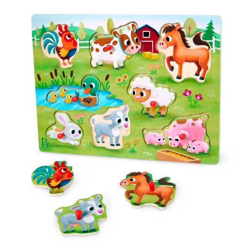 BATTAT WOODY - 8-PIECE WOODEN PUZZLE - FARM ANIMALS "PEEK & EXPLORE"