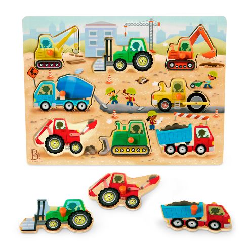BATTAT WOODY - 8-PIECE WOODEN PUZZLE - PEEK & EXPLORE CONSTRUCTION TRUCKS