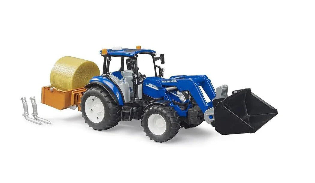 BRUDER - NEW HOLLAND T7.340 TRACTOR WITH FRONT LOADER, LOADING BOX, BALES AND FORKS #09861
