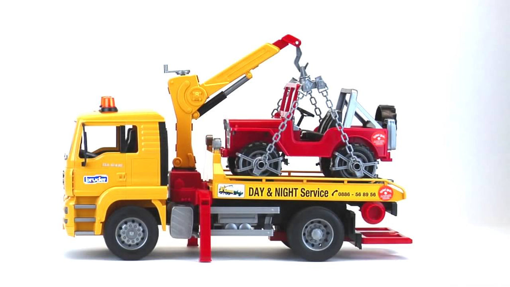 BRUDER - MAN TGA YELLOW TOW TRUCK WITH CRANE AND RED JEEP #02750