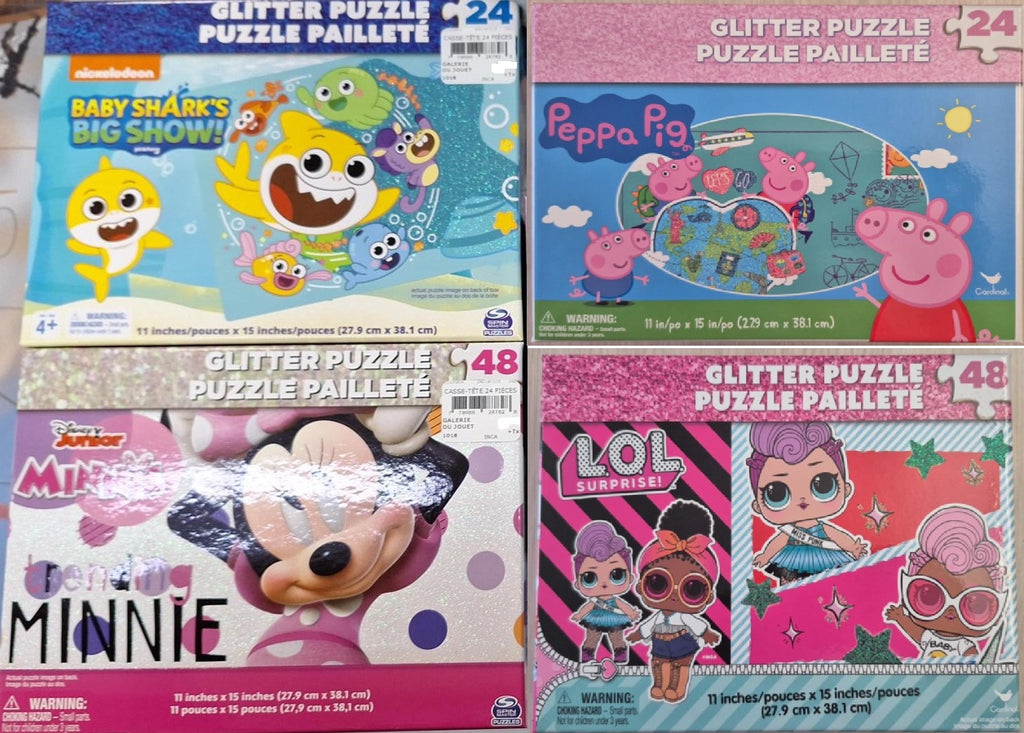CASSE-TÊTE 24 OU 48 PIÈCES SCINTILLANT (PEPPA PIG, L.O.L SURPRISE!, MINNIE MOUSE OU BABY SHARK) ASST
