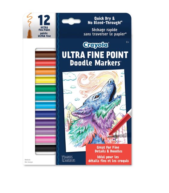 CRAYOLA - MARQUEURS DE GRIBOUILLAGE À POINTE ULTRA FINE PQT DE 12