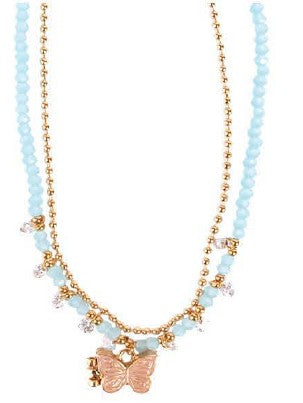 DOUBLE STRAND NECKLACE WITH GOLD BUTTERFLY PENDANT