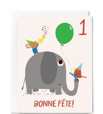 1 ANS - CARTE D'ANNIVERSAIRE - BONNE FÊTE! - ÉLÉPHANT ET FÊTE JOYEUSE