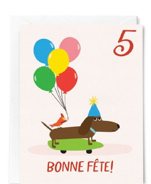 5 YEARS - BIRTHDAY CARD - HAPPY BIRTHDAY! - PARTY DOG ON SKATEBOARD