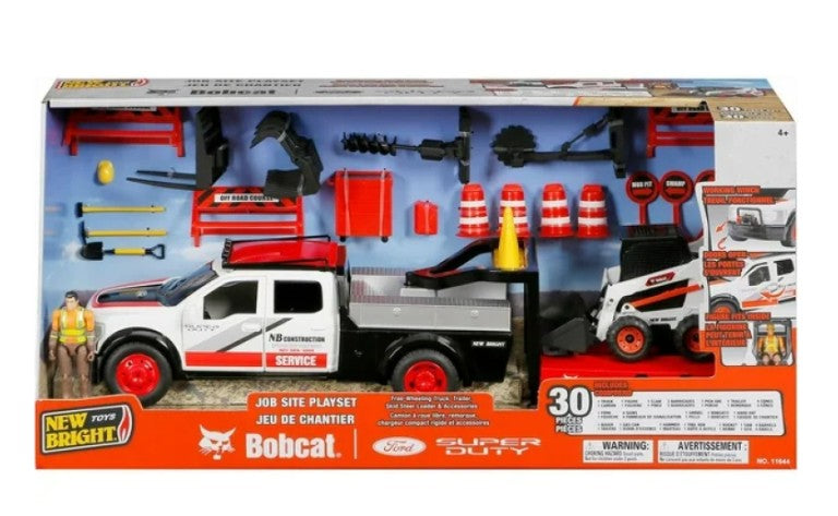 NEW BRIGHT – ENSEMBLE DE VÉHICULES DE CHANTIER FORD SUPER DUTY AVEC CHARGEUR BOBCAT (30 PIÈCES)