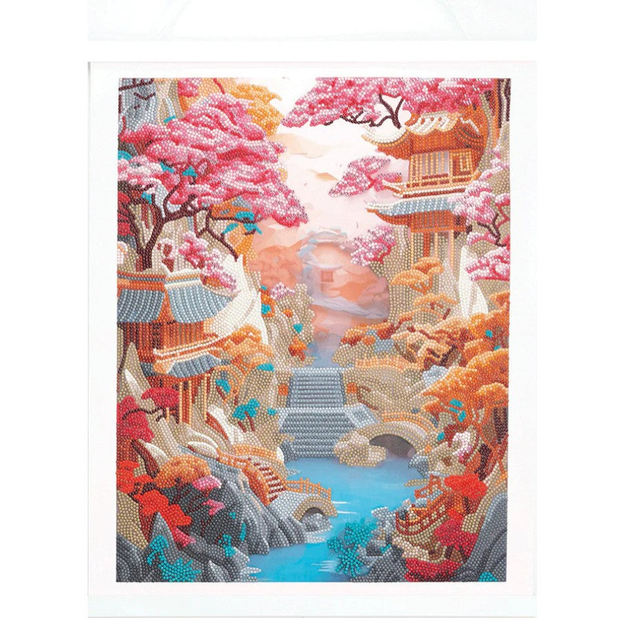 CRYSTAL ART - JAPANESE LANDSCAPE CHERRY BLOSSOMS 35CM X 45CM - DIAMOND DOTZ (SCROLL KIT)