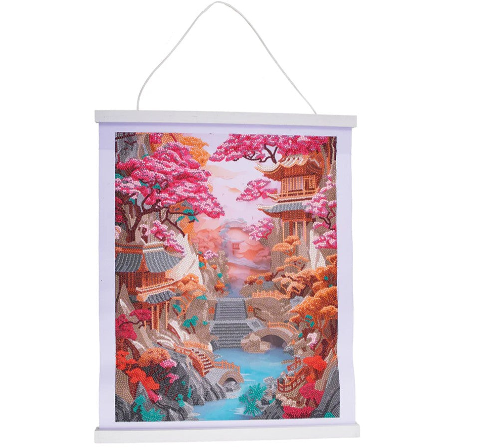 CRYSTAL ART - JAPANESE LANDSCAPE CHERRY BLOSSOMS 35CM X 45CM - DIAMOND DOTZ (SCROLL KIT)