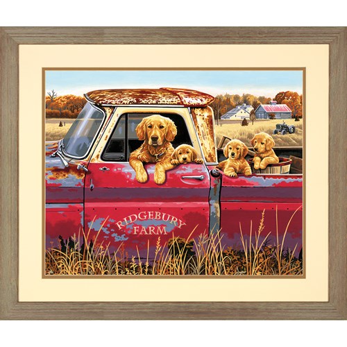 PEINTURE À NUMÈROS GRANDE FAMILLE DE CHIENS EN CAMION ROUGE