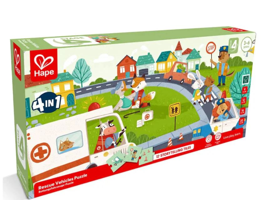 HAPE CASSE-TÊTE PROGRESSIF 4 EN 1 - 9-12-16-20 PIÈCES - VÉHICULES D'URGENCES #E1639