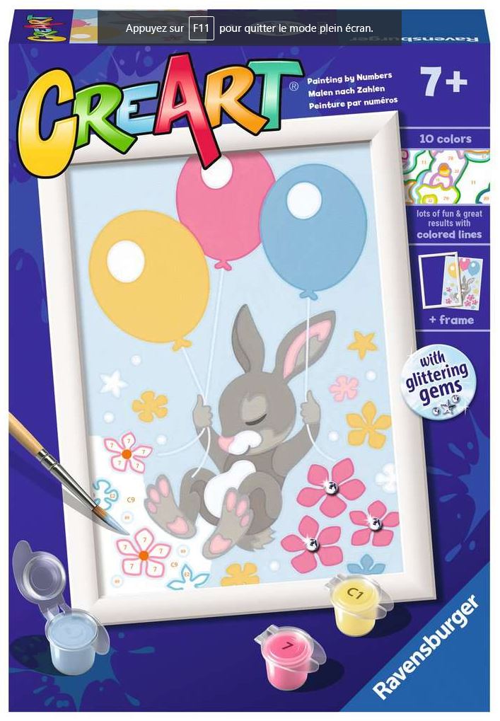PEINTURE À NUMÉROS CREART RAVENSBURGER - LAPIN ET BALLONS AVEC GEMMES - 5" X 7" MINI