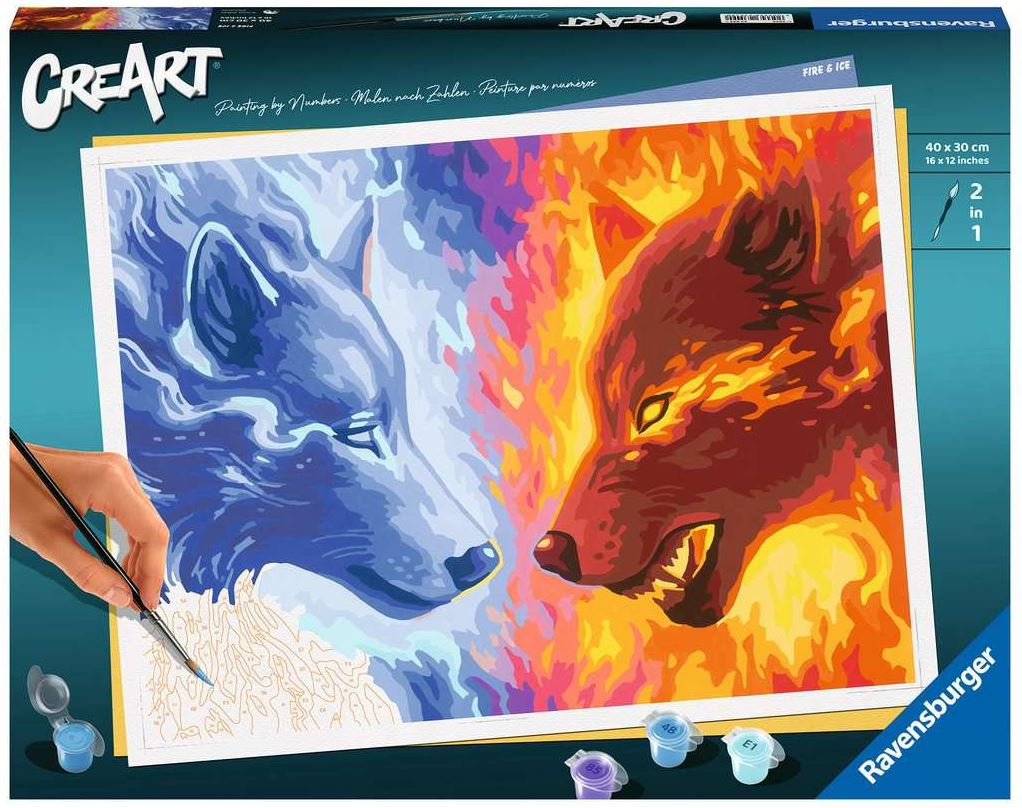 PEINTURE À NUMÉROS CREART RAVENSBURGER - LOUPS DE FEU ET DE GLACE - 12" X 16" GRANDE