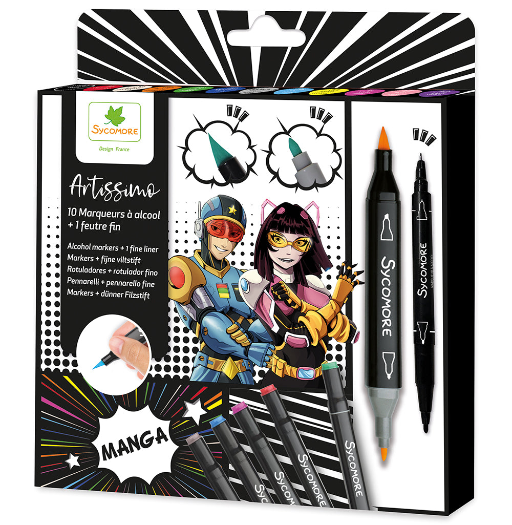 SYCOMORE ARTISSIMO - 10 MANGA DUAL-TIP ALCOHOL MARKERS + 1 FINE LINER