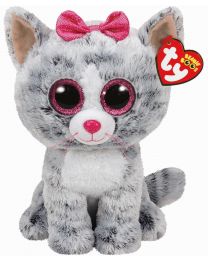 PELUCHE TY BEANIE BOOS - KIKI CHAT GRIS BOUCLE ROSE MÉDIUM 13"