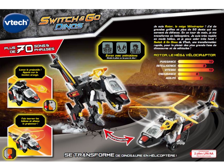VTECH - SWITCH & GO DINOS ROTOR, LE MÉGA VÉLOCIRAPTOR (HÉLICO DE COMBAT)